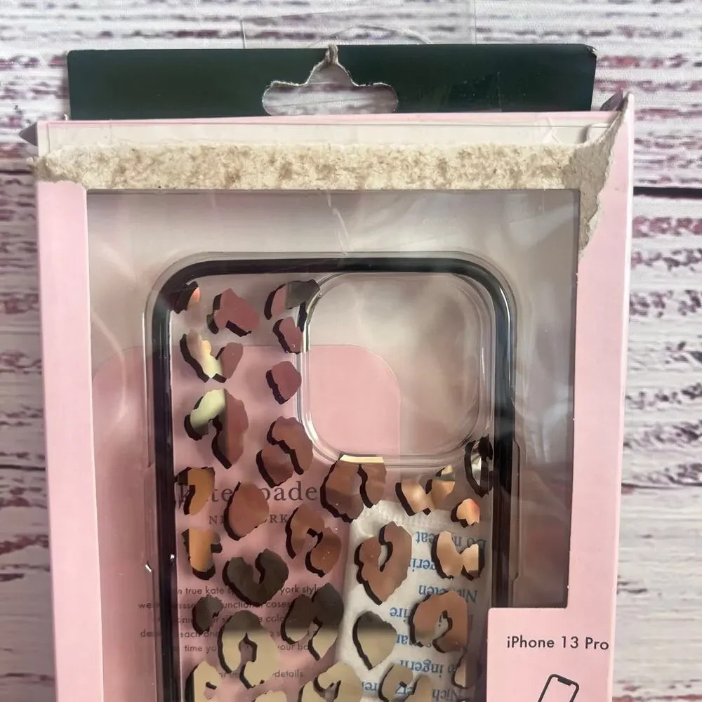 Kate Spade iPhone 13 Pro Phone cover Case Clear Gold Leopard Print New with box